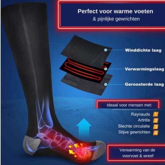 Verwarmde elektrische sokken voor pijnlijke gewrichten met zachte stof en oplaadbare batterij.