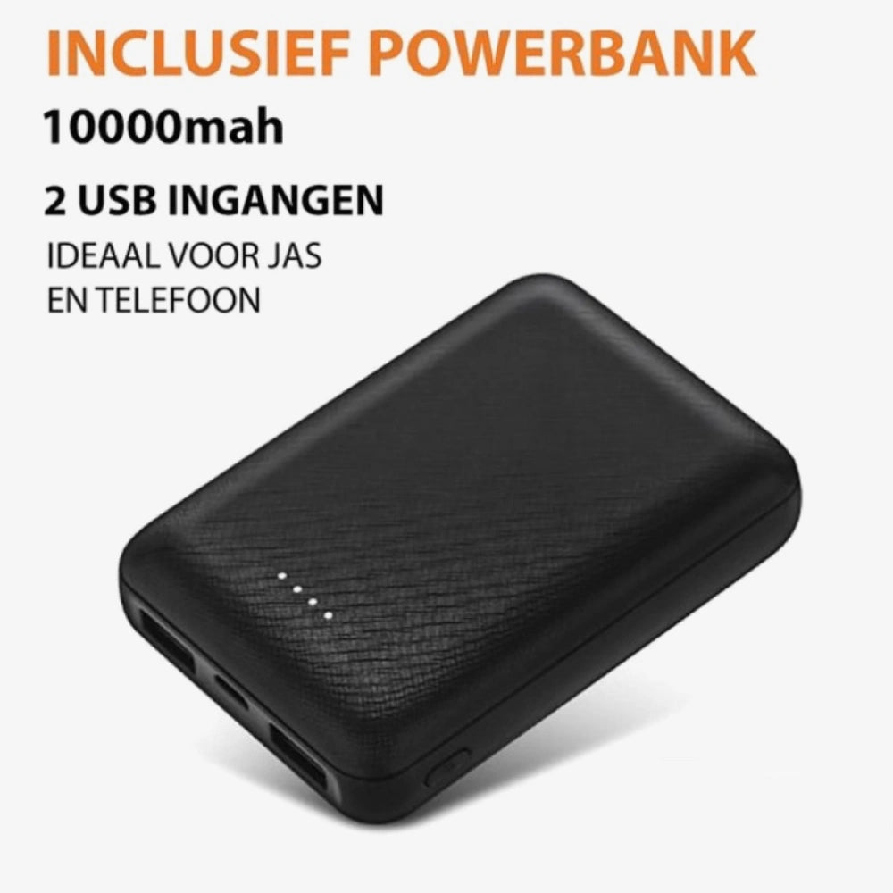 10000 mAh powerbank die past in de binnenzak. zwarte behuizing met USB-uitgangen voor opladen van mobiele apparaten.