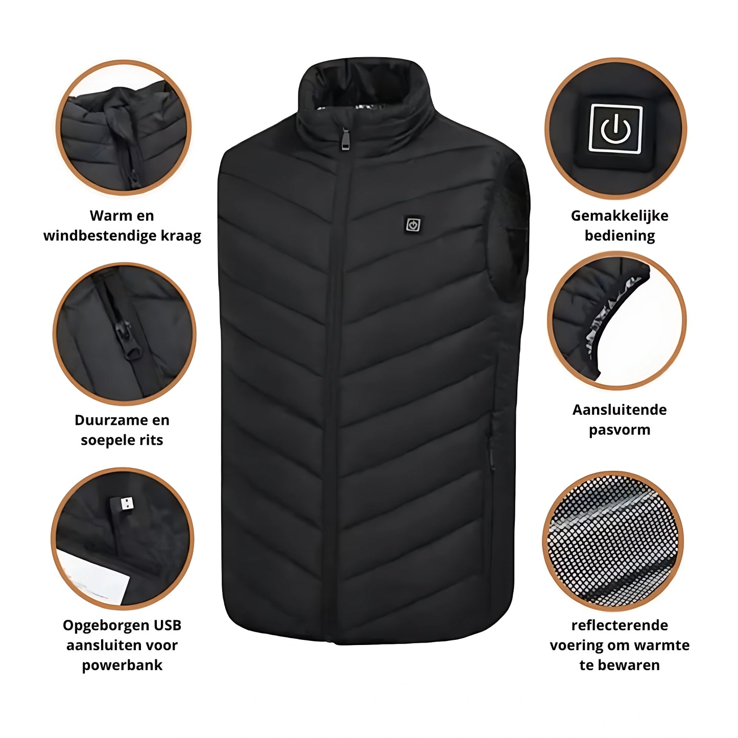 verwarmde bodywarmer met ingezoomde fotos op de details