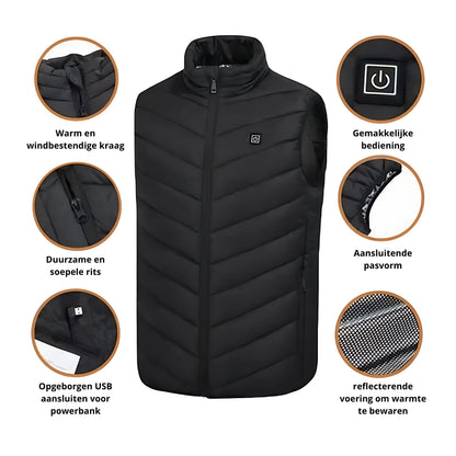 verwarmde bodywarmer met ingezoomde fotos op de details