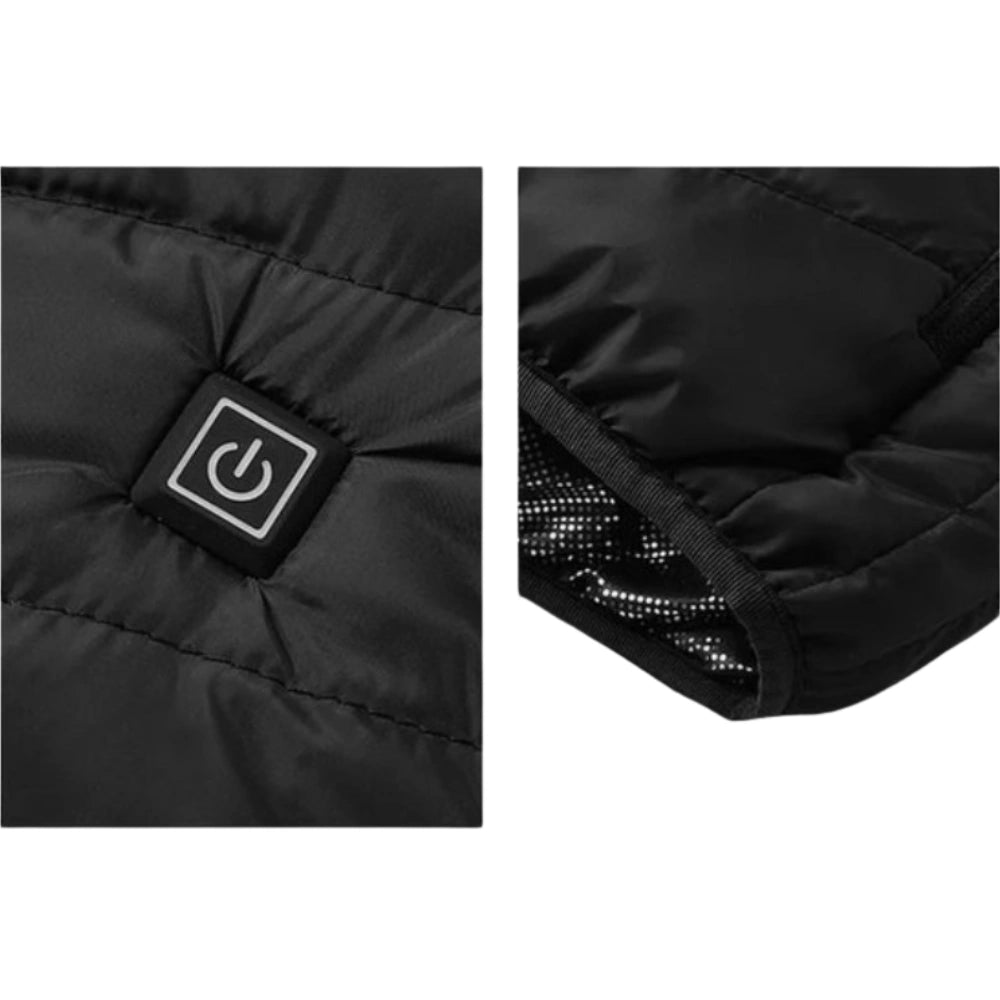 elektrisch vest met instelbare temperatuur en LED-indicator.