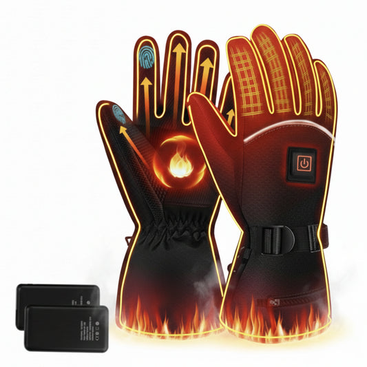 Zwarte verwarmde handschoenen met oplaadbare batterij voor warme handen in de winter.