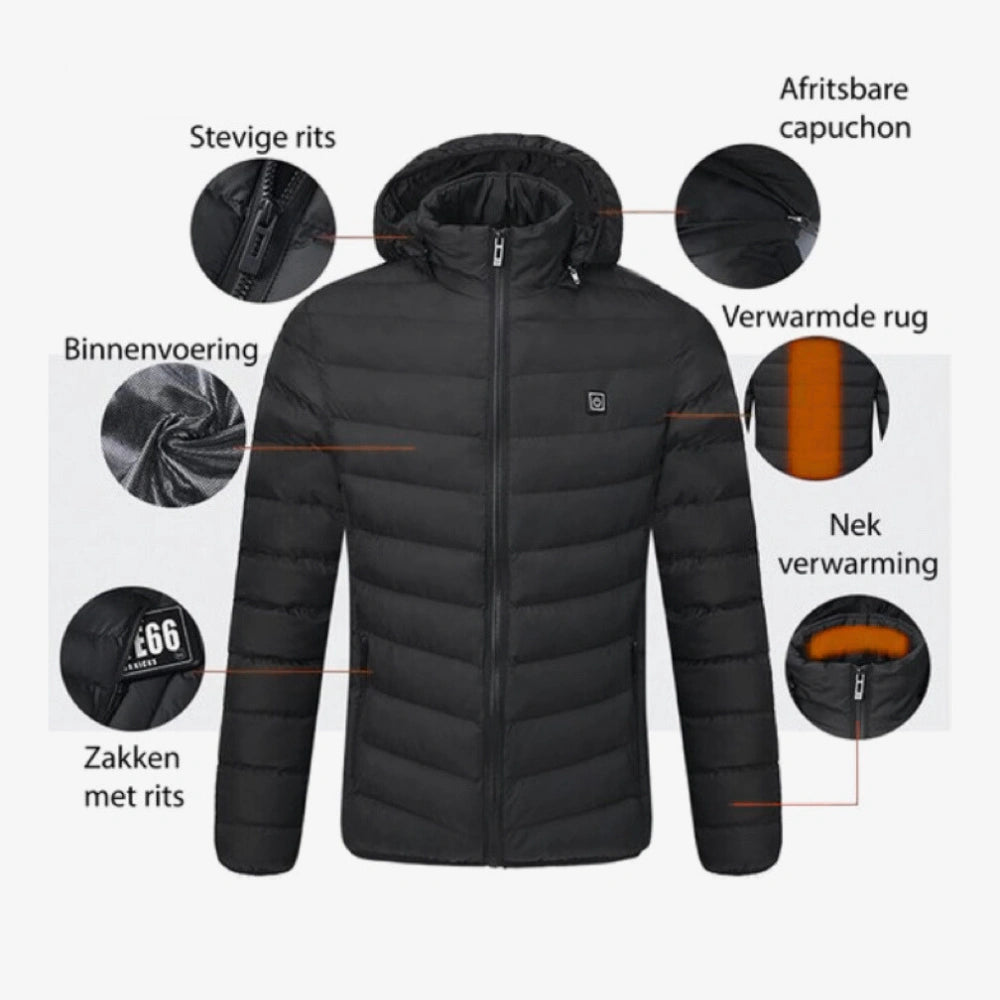 Close-up van verwarmde jas met oplaadbare batterij en USB-aansluiting voor verwarmingsfunctie.