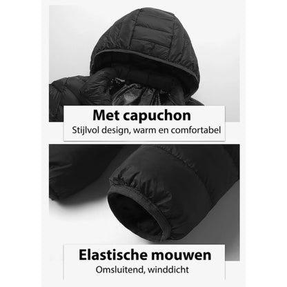 Verwarmde jas met capuchon en oplaadbare batterij voor warme handen en hoofd tijdens koude dagen.