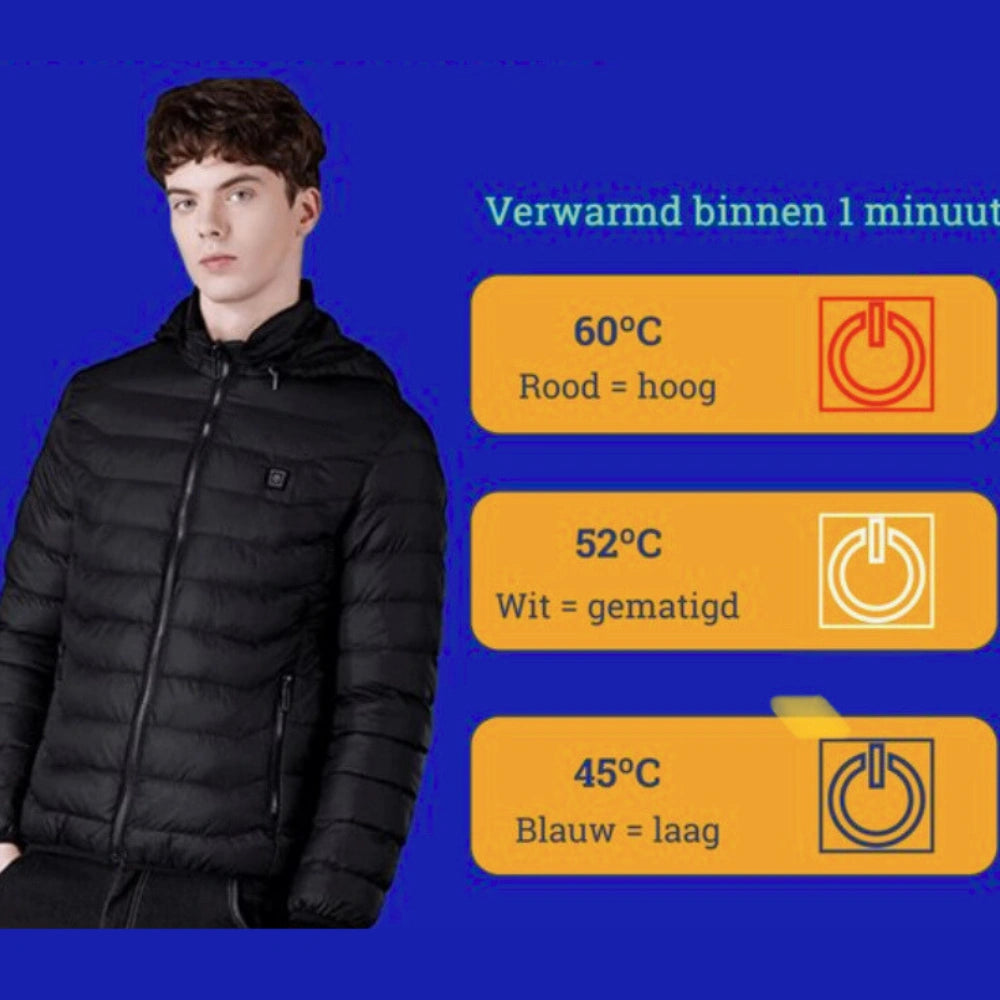 Verwarmde jas met instelbare warmtestanden van 45, 52 en 60 graden voor optimale warmte in koude omstandigheden.